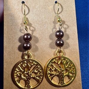 Gold Tree of Life Earrings with Brown Beads